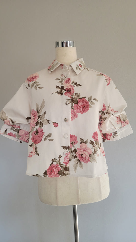 Carlie Floral Puff-sleeve Cotton Button Top