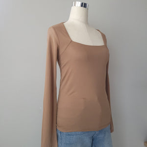 RUCHED WAIST SQUARE NECK BUILD IN BRA TOP BROWN