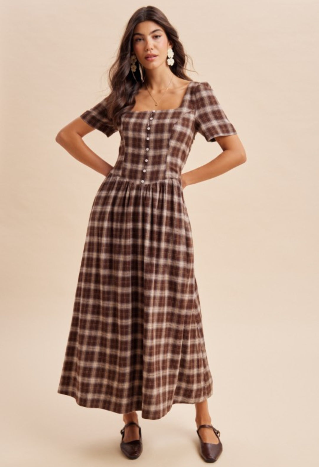 Drop Waist Square Neckline Plaid Cotton Dress