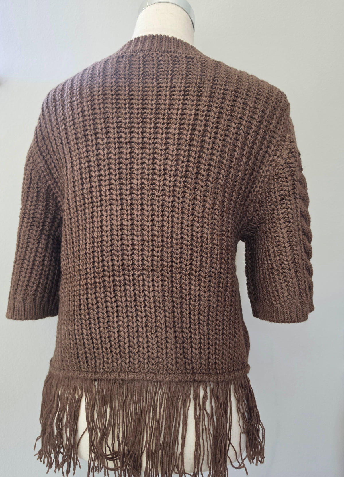 Cable Knit Fringe Hem Crew Neck Brown Sweater