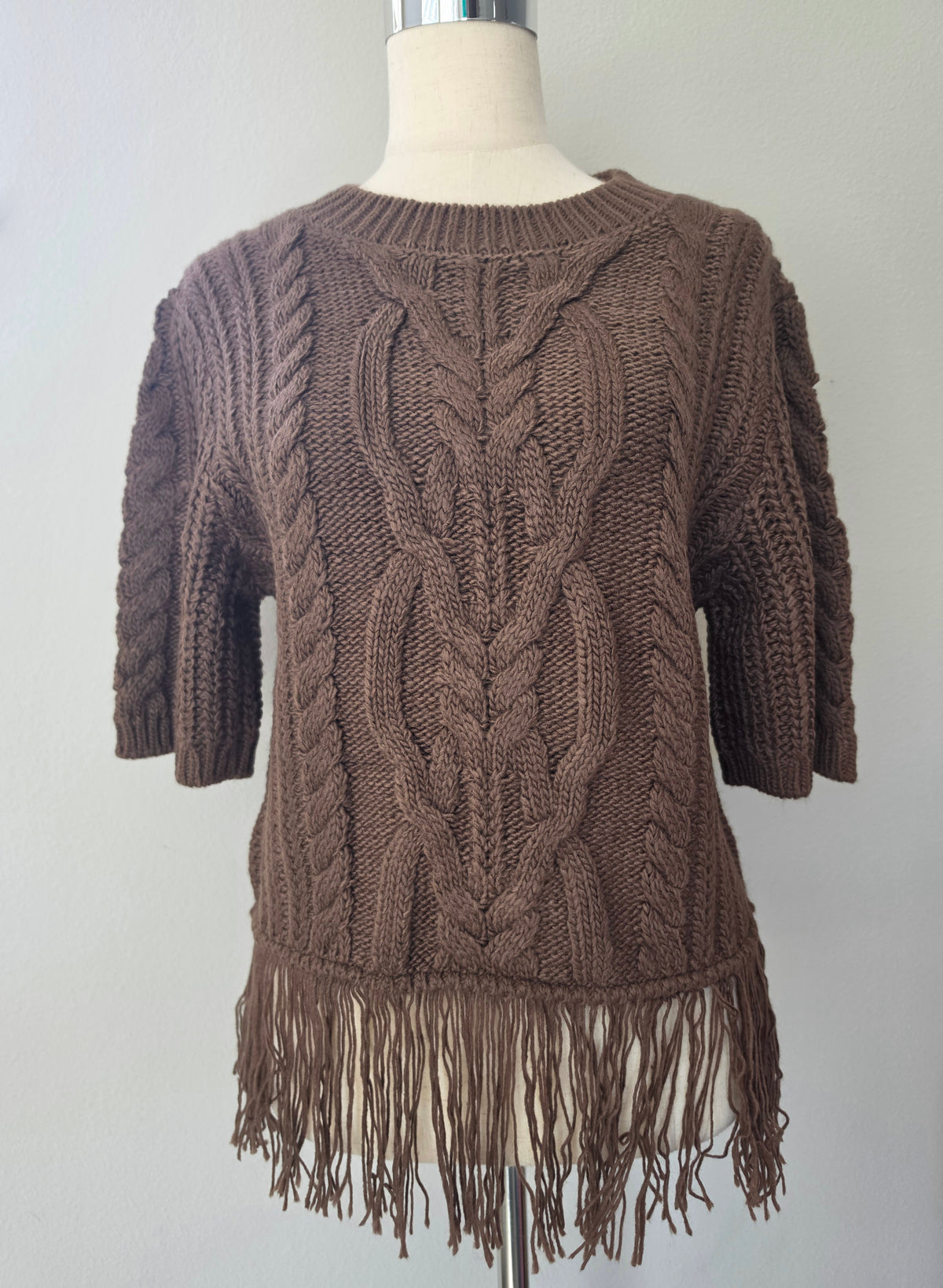 Cable Knit Fringe Hem Crew Neck Brown Sweater