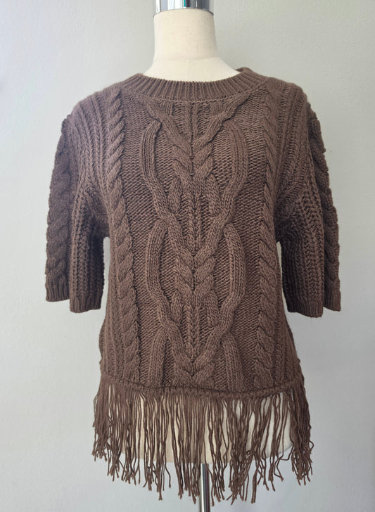Cable Knit Fringe Hem Crew Neck Brown Sweater
