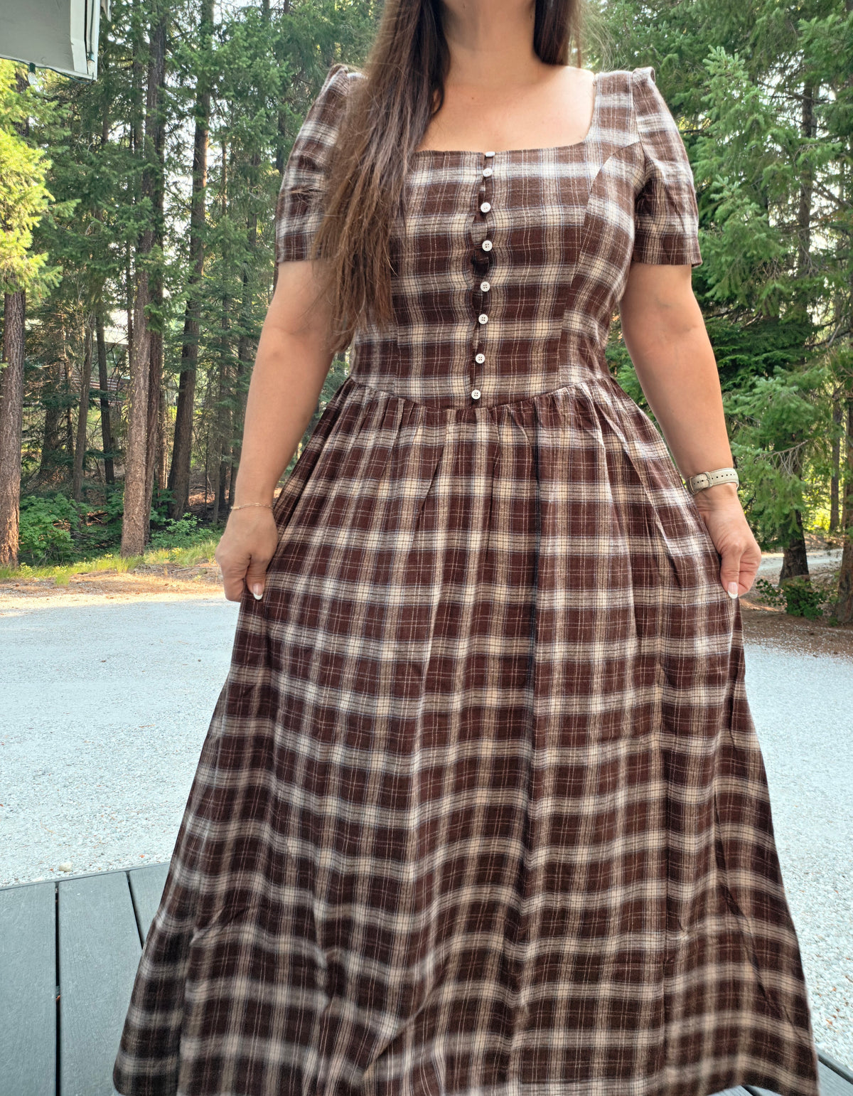 Drop Waist Square Neckline Plaid Cotton Dress