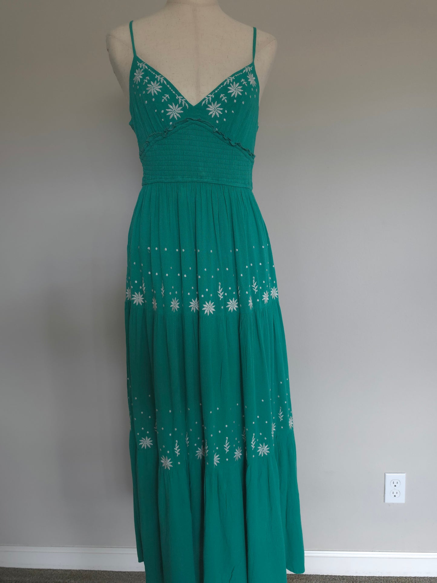Audrey Smocked Waist Embroidered Sea Green Maxi Tiered Dress