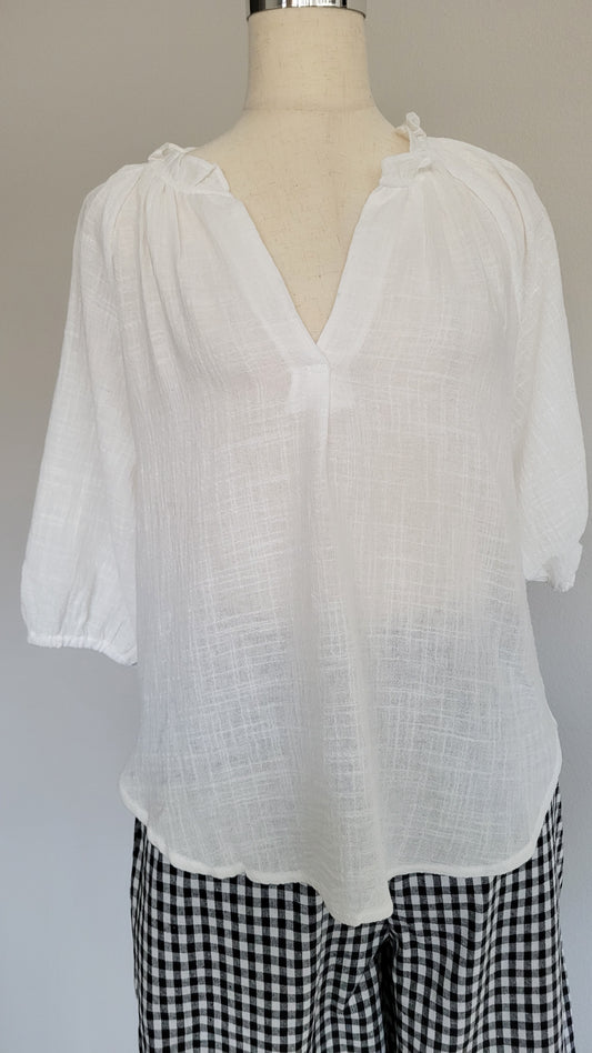 Kimberly Puff-sleeve Cotton  V-neck Blouse White