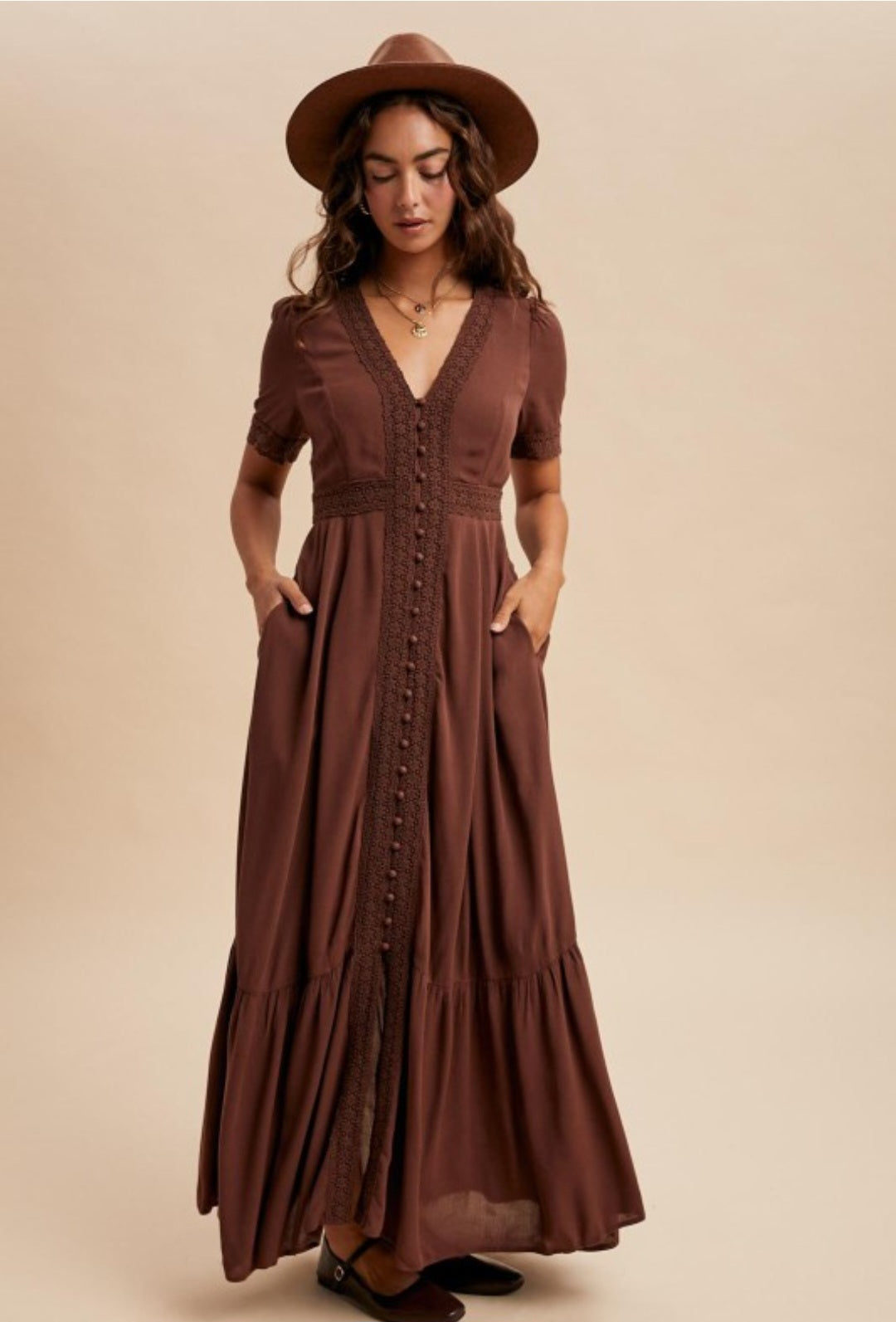 Knit & Lounge Women's Short Sleeve Button Front Lace Trim Maxi Dress - Brown - Maxi dresses Knit & Lounge Women's Short Sleeve Button Front Lace Trim Maxi Dress - Brown - Maxi dresses