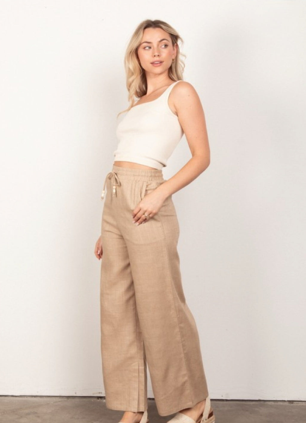 Elastic Waist Solid Linen Wide Pants 2 Colors Black Beige