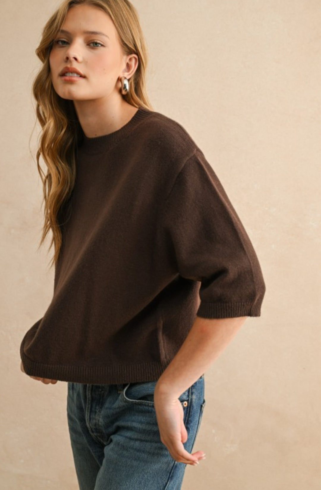 Short Sleeve Soft Sweater Top Espresso Brown