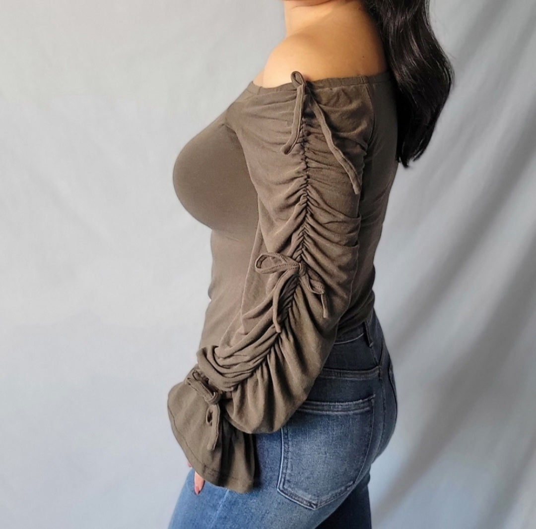 Long Sleeve Bow Detail Blouse Olive Top