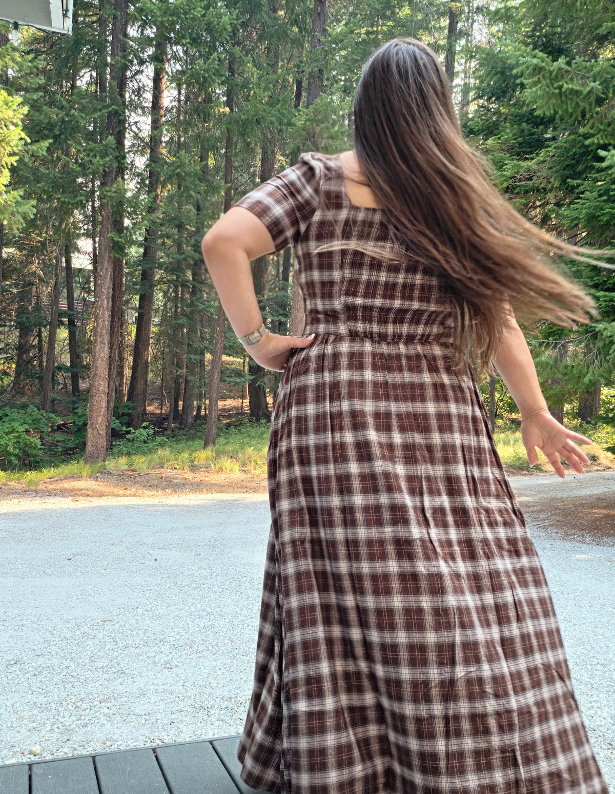 Drop Waist Square Neckline Plaid Cotton Dress