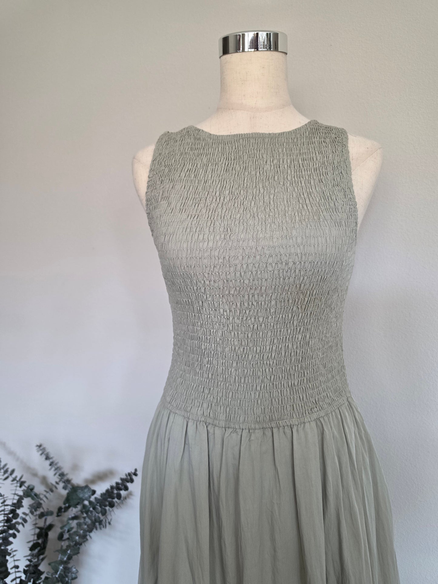 Deborah Smocked Bodice Boatneck Tank Maxi Dress Sage Green