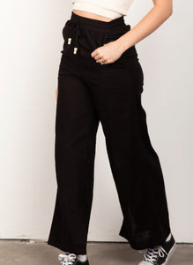 Elastic Waist Solid Linen Wide Pants 2 Colors Black Beige