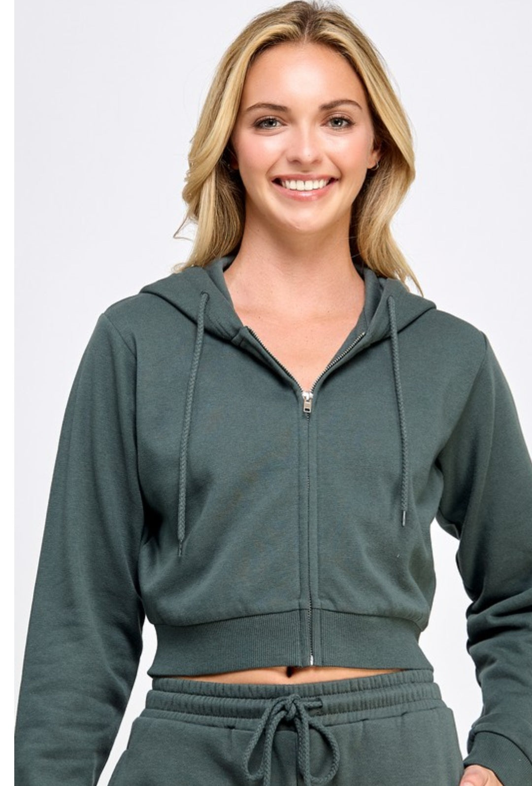 FLEECE  RELAX FIT CROP ZIP UP PULLOVER HOODIE CHIC GREEN S-XL