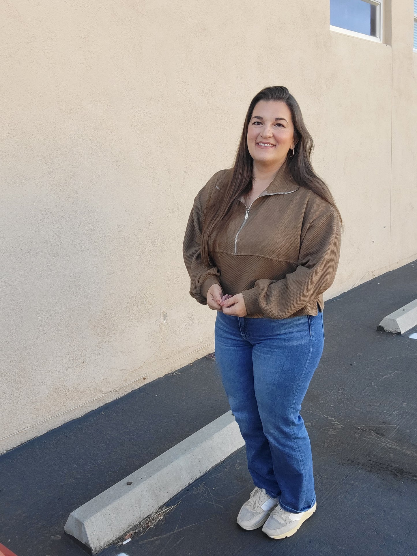 Cotton Thermal Cropped Half Zip Pullover Latte Brown