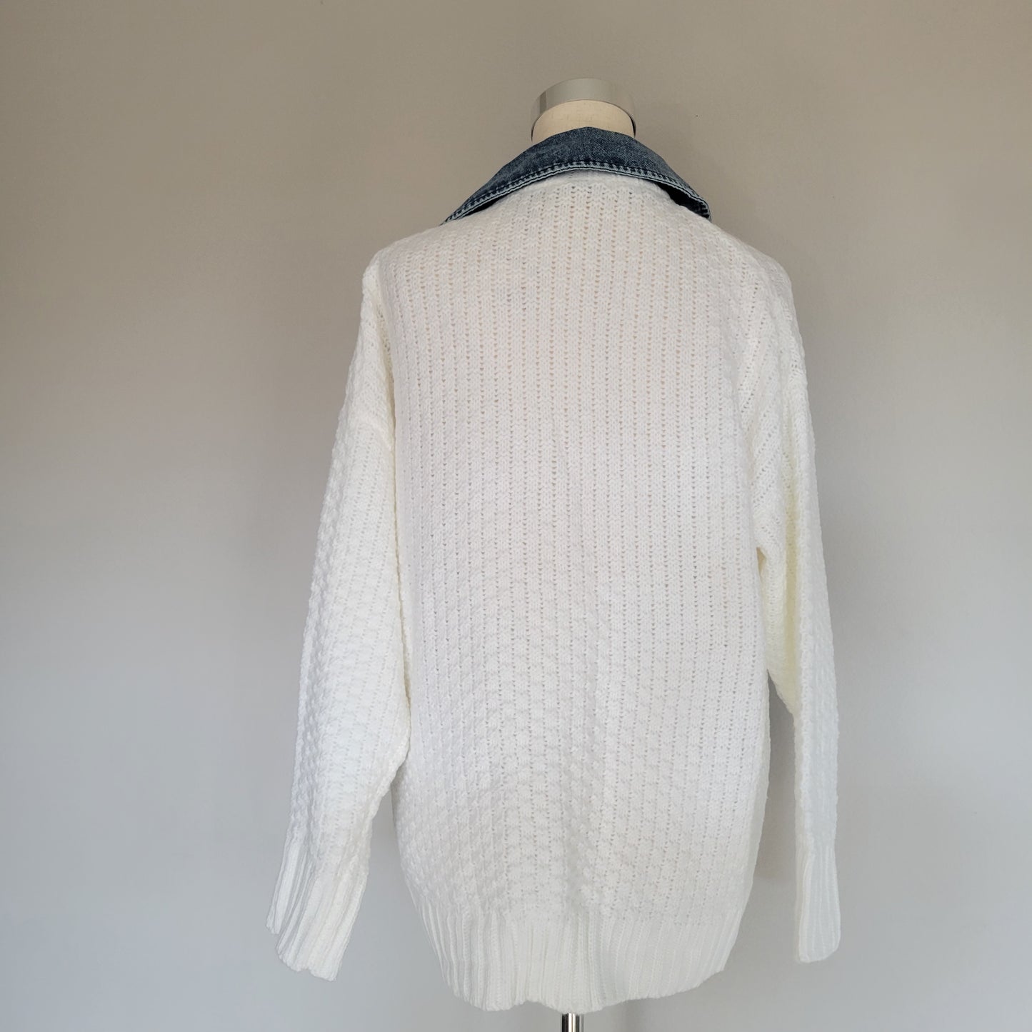 Oversized Denim Contrast Sweater Cardigan White