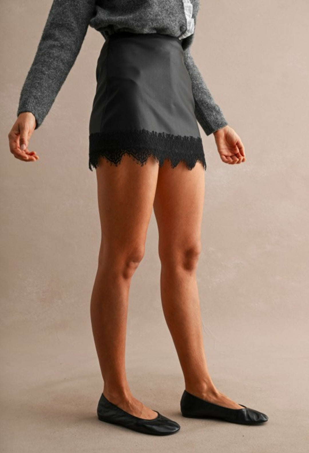 High-waisted Faux Leather Lace Trim Hem Mini Skort