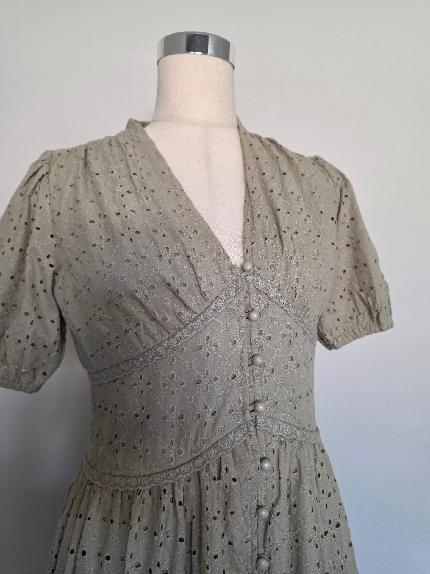 Lisa Cotton Eyelet Button Down Dress Olive Green