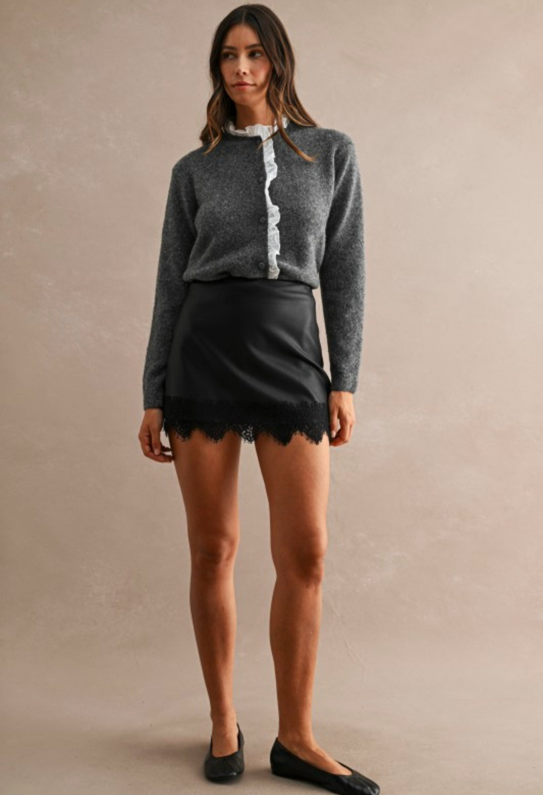 High-waisted Faux Leather Lace Trim Hem Mini Skort