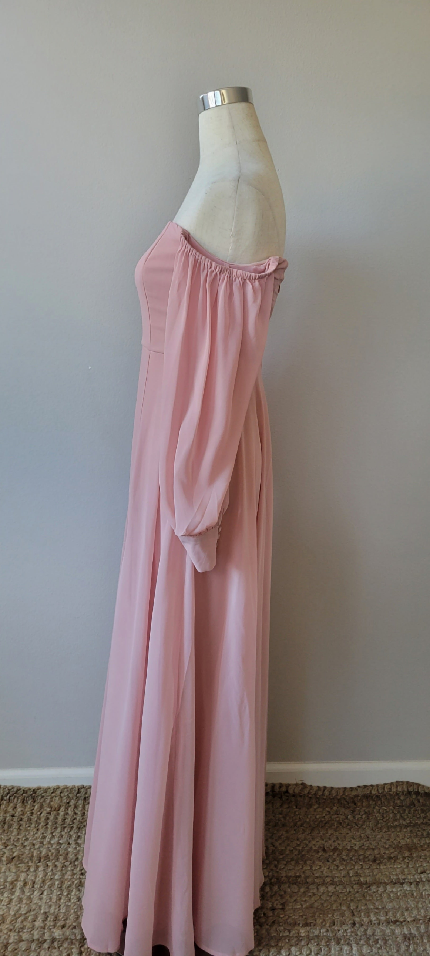 OFF SHOULDER CHIFFON SLIT MAXI DRESS PINK