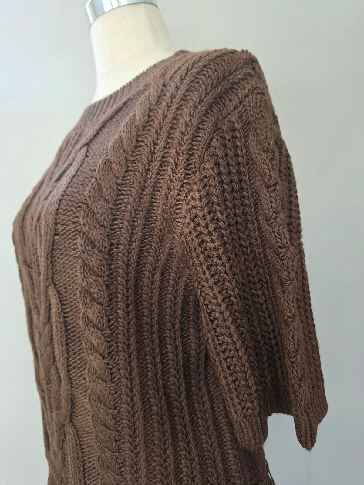 Cable Knit Fringe Hem Crew Neck Brown Sweater