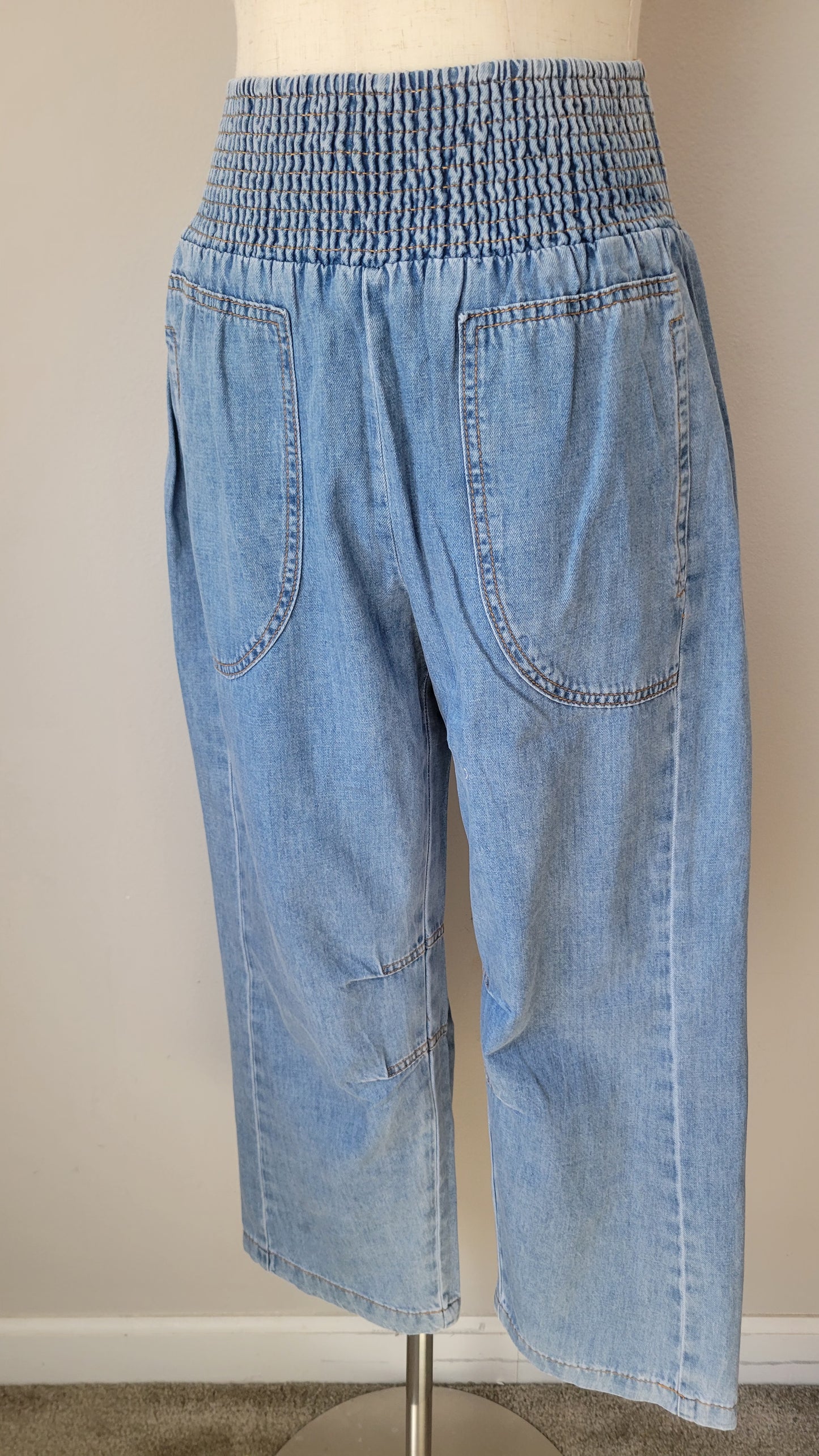 Wendy Wide Smocked Waistband Barrel Cotton Denim Pants