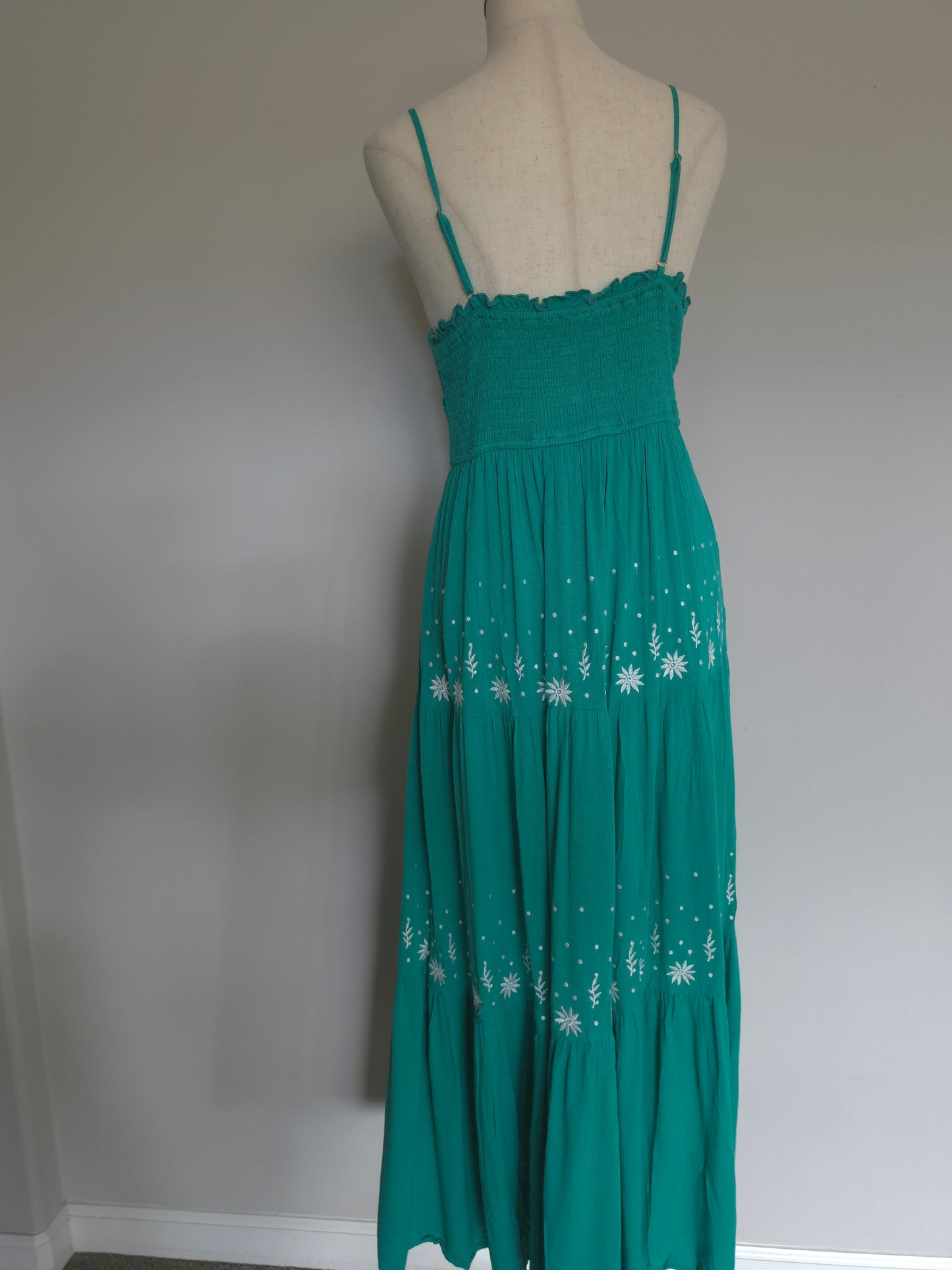 Audrey Smocked Waist Embroidered Sea Green Maxi Tiered Dress