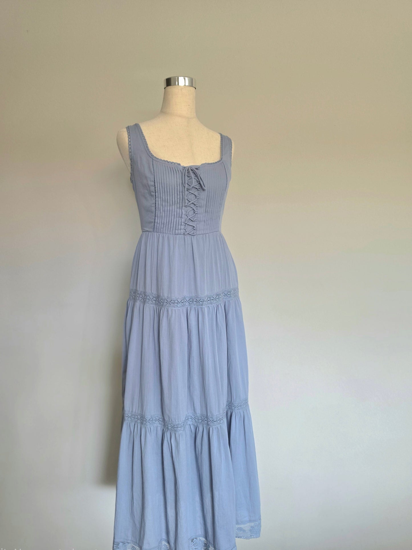 Kass Corset Lace up Romantic Cotton Sleeveless Maxi Dress Blue