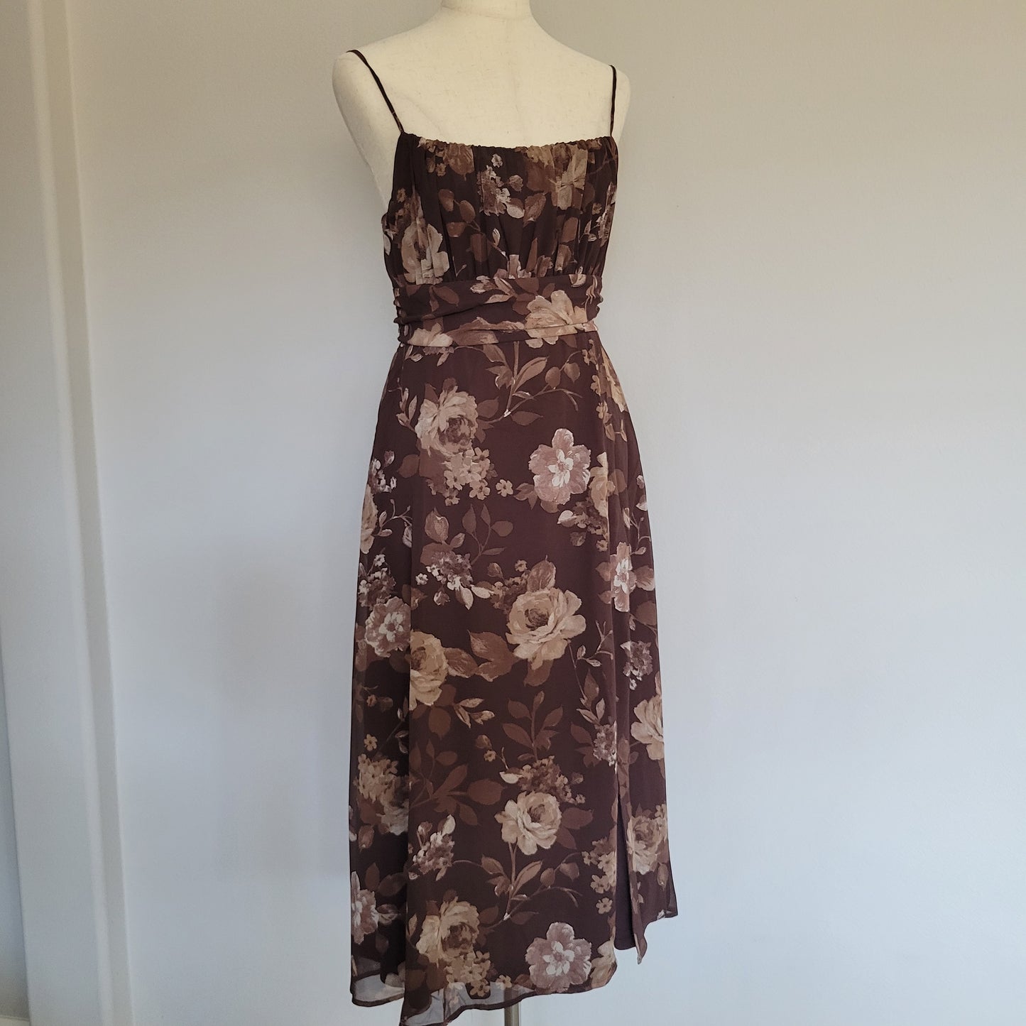 Floral Tie Back Slit Midi Dress Brown