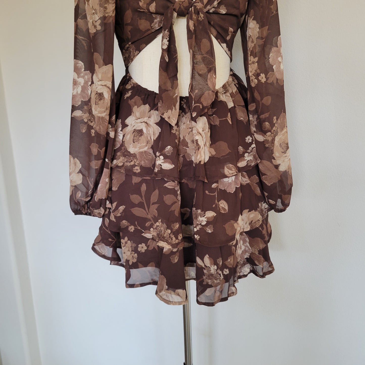 Floral Long Sleeve Triple-layer Mini Dress Brown