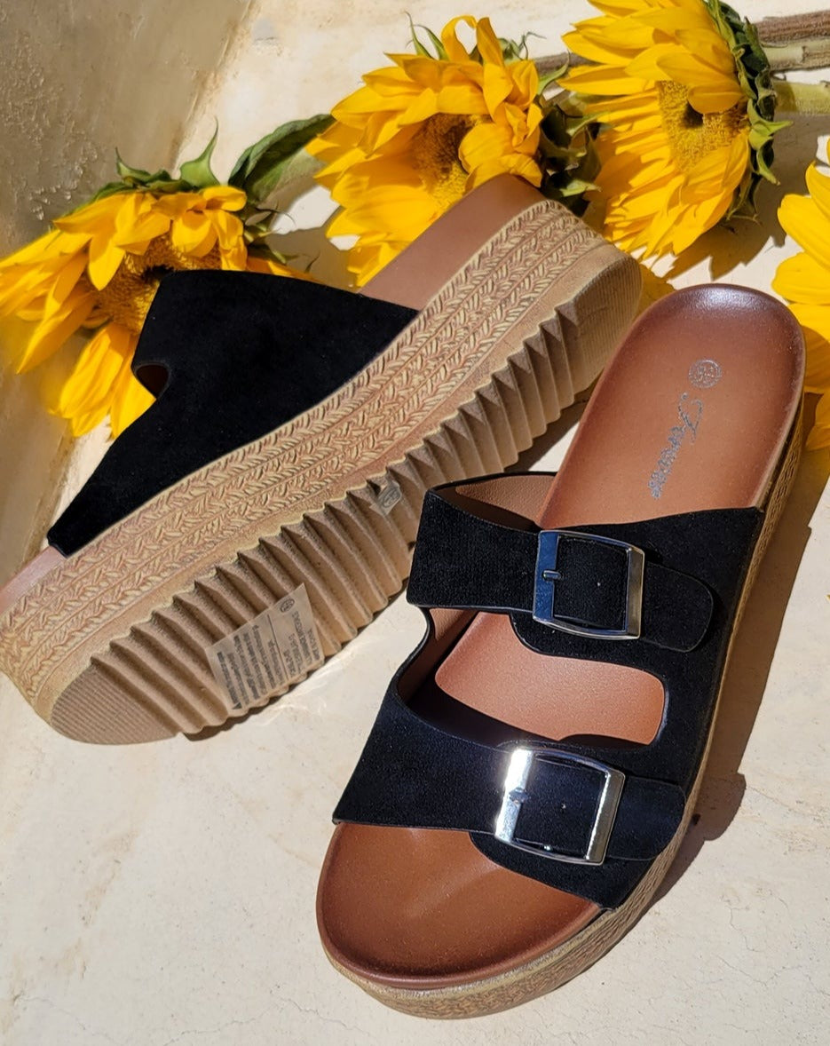 Wedge Double Strap Black Sandals