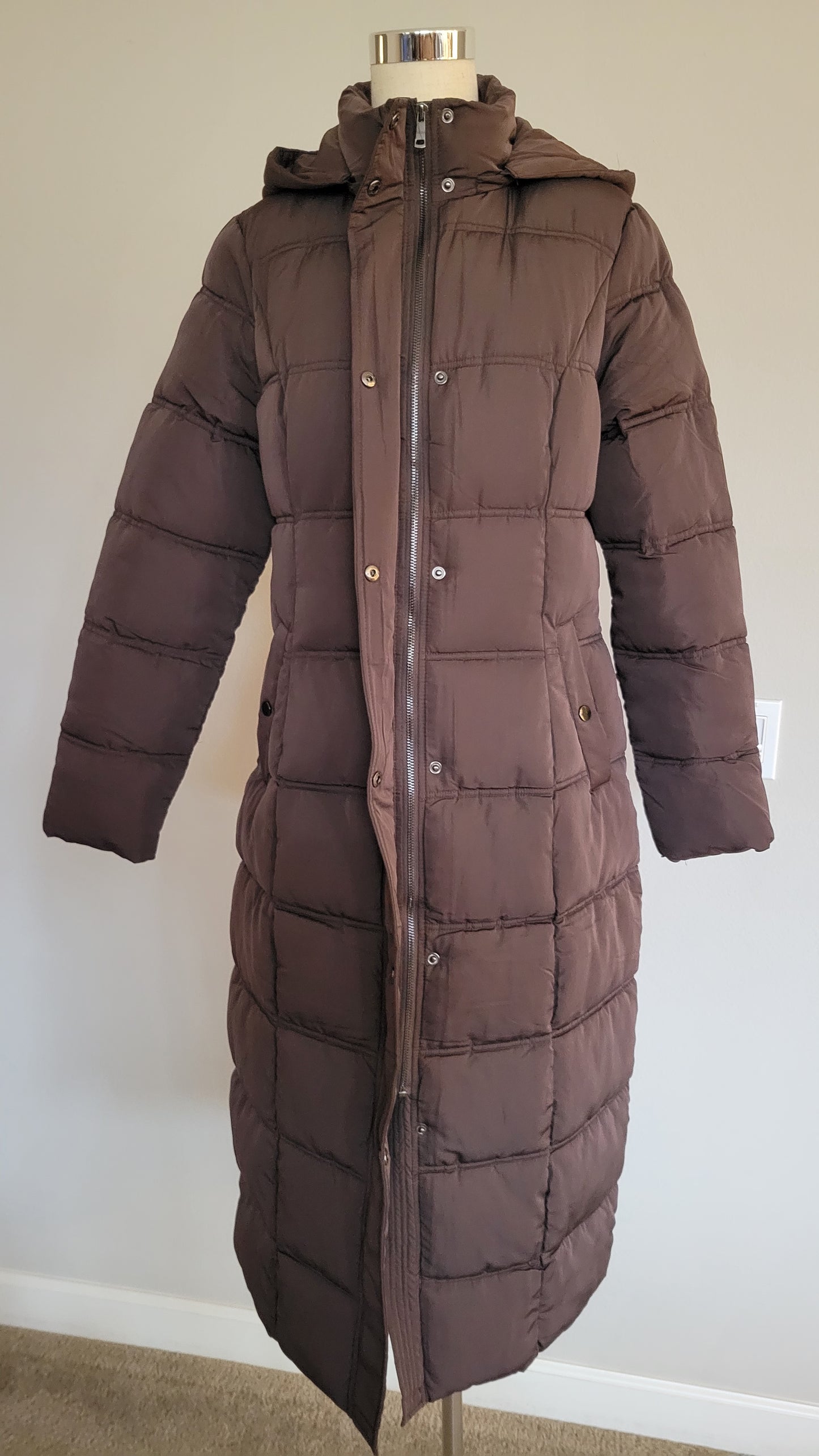 Full Length Quilted Hoodie Coat Espresso Brown