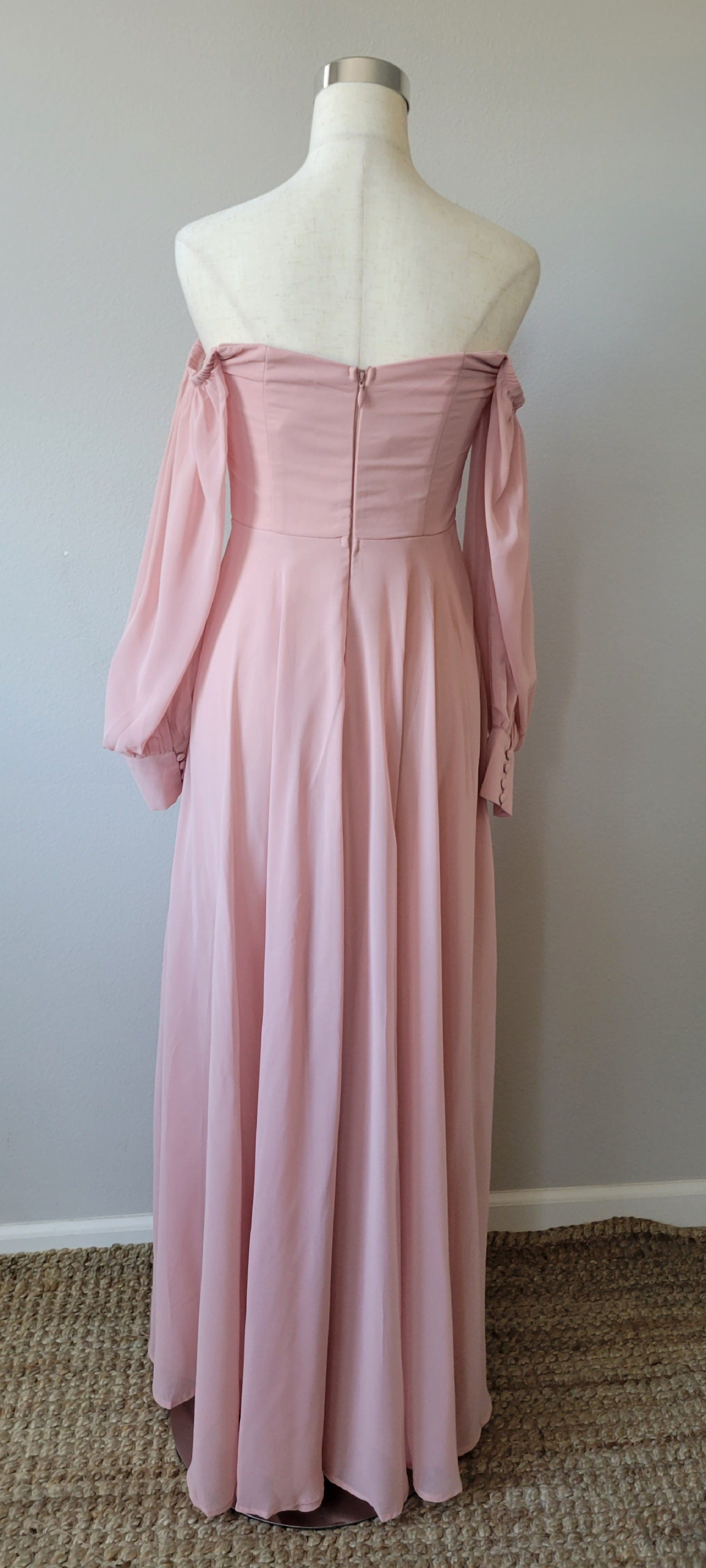 OFF SHOULDER CHIFFON SLIT MAXI DRESS PINK