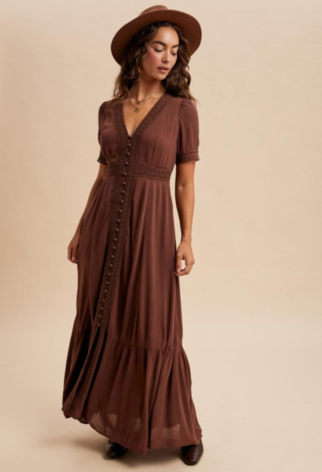 Lace Trim Button Down Maxi Dress