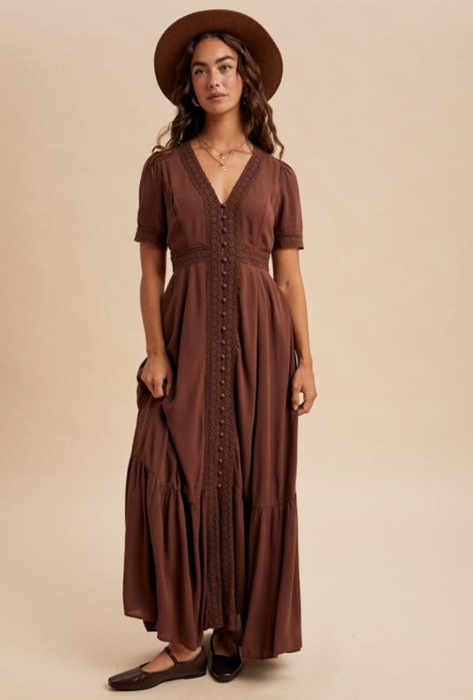 Lace Trim Button Down Maxi Dress
