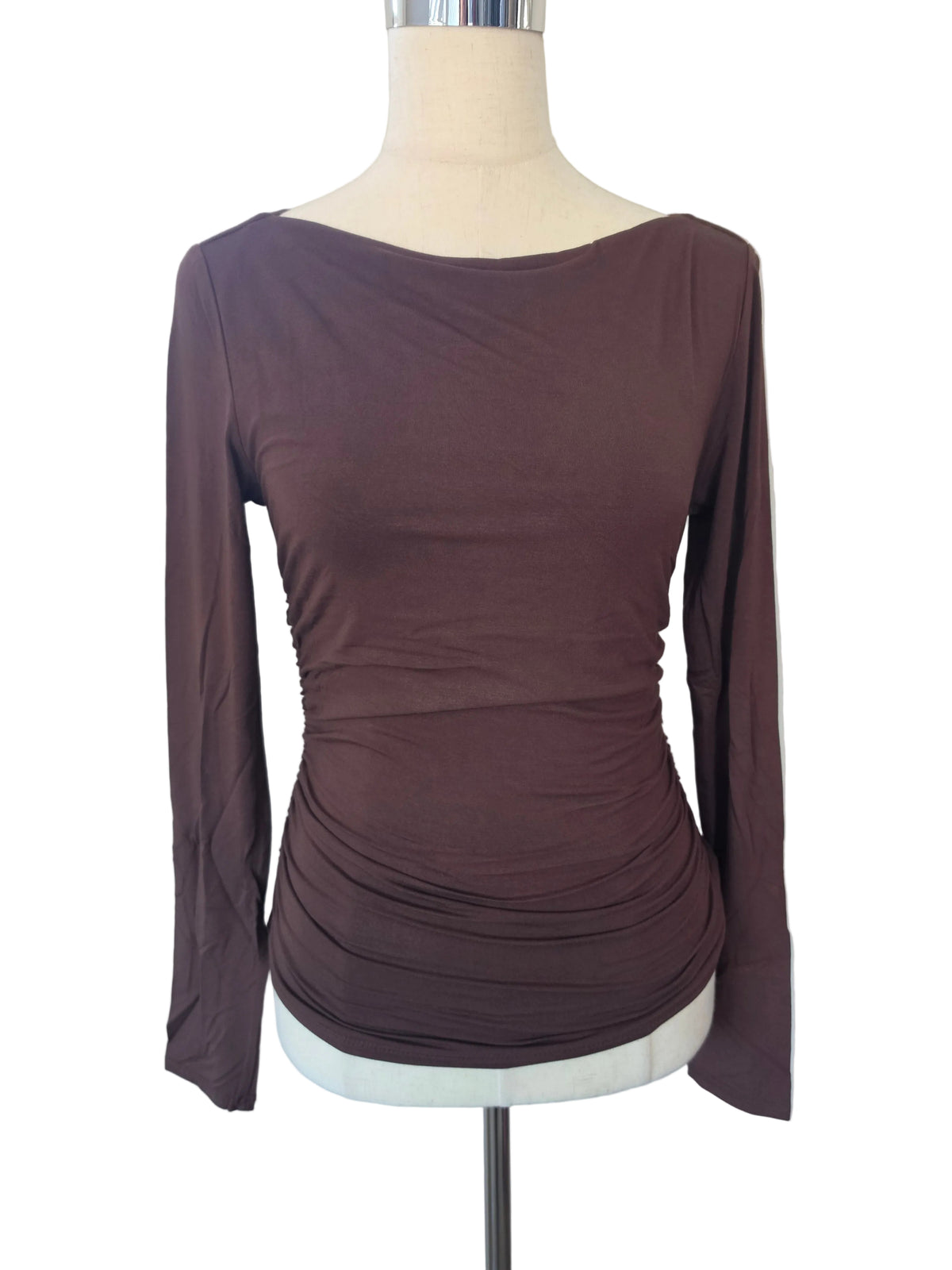 Ruched Double Layered Long Sleeve Top Espresso Brown