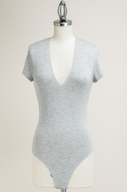 Low V-Neck Bodysuit-Grey