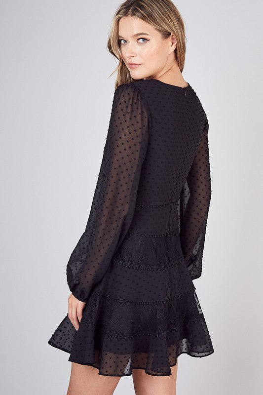 Elegant Dotted Swiss Lace Trim Long Sleeve Black Dress