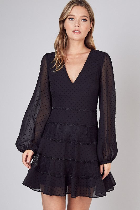 Elegant Dotted Swiss Lace Trim Long Sleeve Black Dress