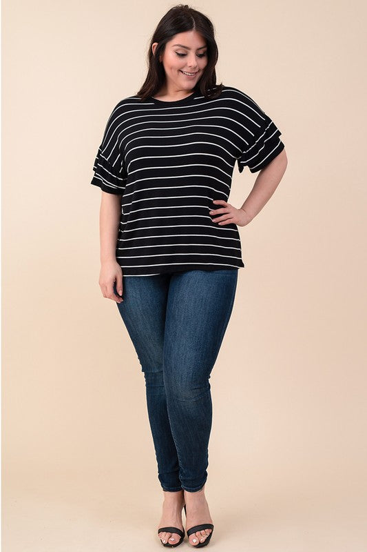 Curvy Black and White Striped Ruffled Top