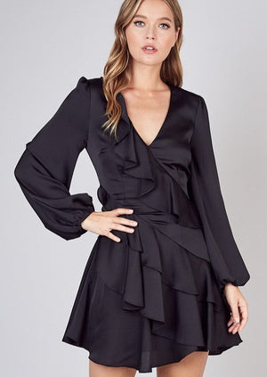 Elegant Ruffled Long Sleeve Black Dress