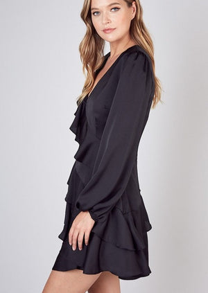 Elegant Ruffled Long Sleeve Black Dress