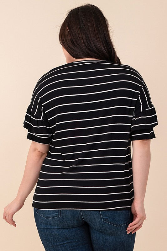 Curvy Black and White Striped Ruffled Top