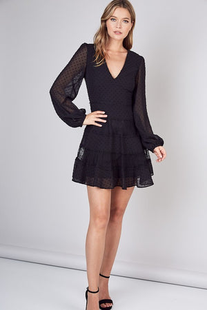 Elegant Dotted Swiss Lace Trim Long Sleeve Black Dress