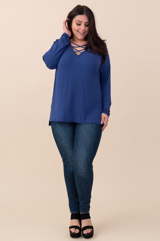 Curvy Cobalt Blue Criss Cross Long Sleeve Top