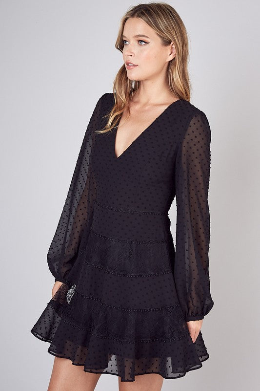 Elegant Dotted Swiss Lace Trim Long Sleeve Black Dress