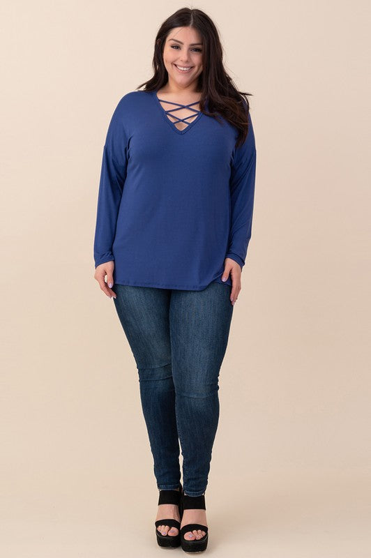 Curvy Cobalt Blue Criss Cross Long Sleeve Top