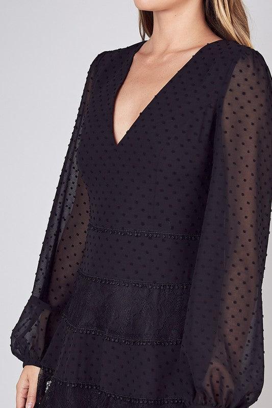 Elegant Dotted Swiss Lace Trim Long Sleeve Black Dress