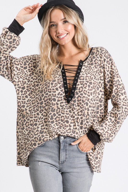 Stefany Leopard Brushed Waffle Knit Tunic Top