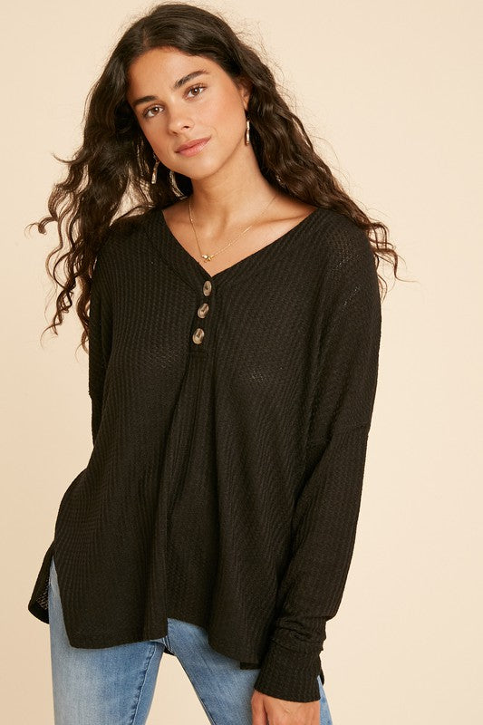 WAFFLE KNIT BUTTON UP HENLEY