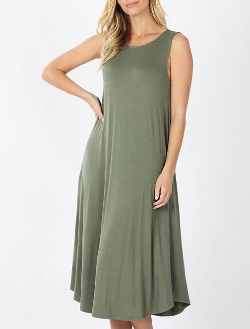 Michelle Sleeveless Crew Neck Shift Dress-Olive